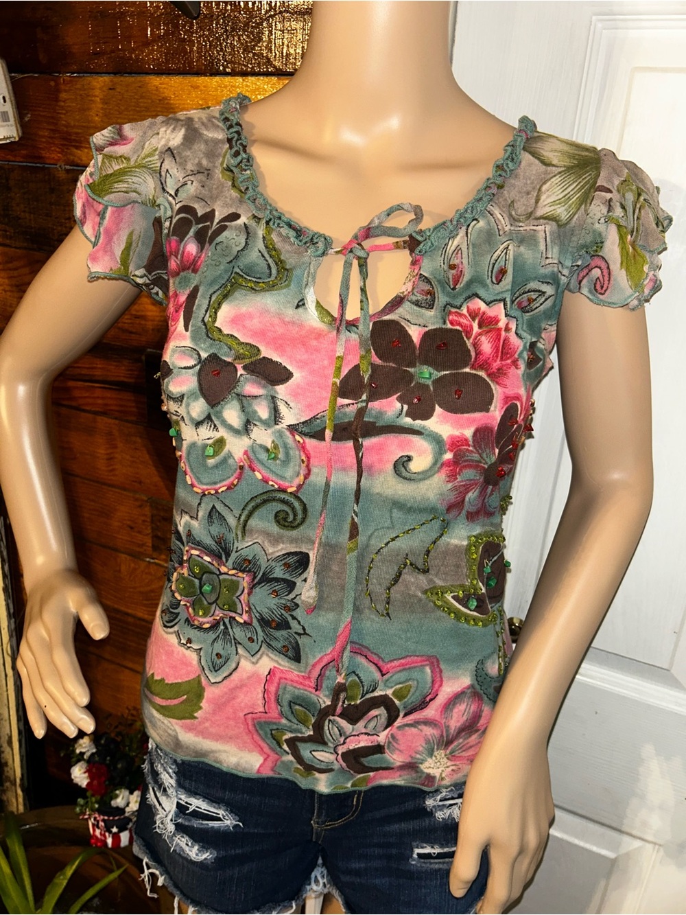 Y2K Floral Blouse with pink, green, and teal flowers and leaves
#y2k #fairycore